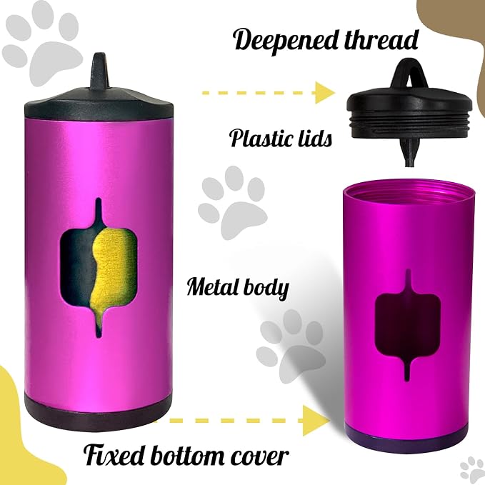 Metal Dog Poop Bag Holder 2-Pack w/Leash Clip|Durable Scratch-Resistant Aluminum|30 Bags+6 Accessories（Pink)