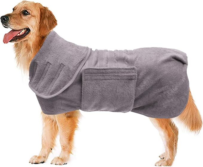 Geyecete Dog Drying Coat - Fast Drying Dog Bathrobe Towel - Microfibre Super Absorbent Pet Cat Bath Robe, Luxuriously Soft Gray XL