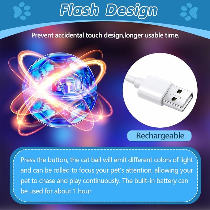 Sratte 2 Pcs Rechargeable Cat Ball Ghost Hunting Light up Cat Balls Toys Motion LED Motion Activated Flash Glowing Lighted Dog Interactive Toys Pet (Red and Blue)
