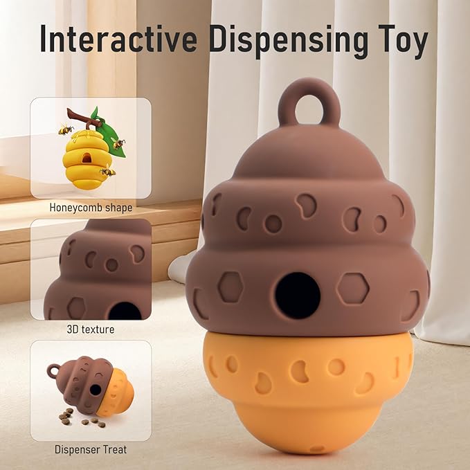 Dog Treat Dispensing Toy - Silicone Puppy Food Dispenser for Small Medium Dogs Puzzle Feeder Ball Interactive Toys & Enrichment Mental Stimulation Topple Outdoor Training Travel Honeycomb Brown