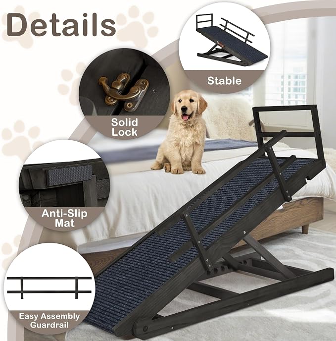 Adjustable Dog Ramp for Beds, Cars, Couches, Dog Steps Anti-Slip Surface, Dogs Ramps for Old Small Pet,High Traction with Platform, 7 Adjustable Heights 16" to 27" Up, Portable Stairs Design for Dogs