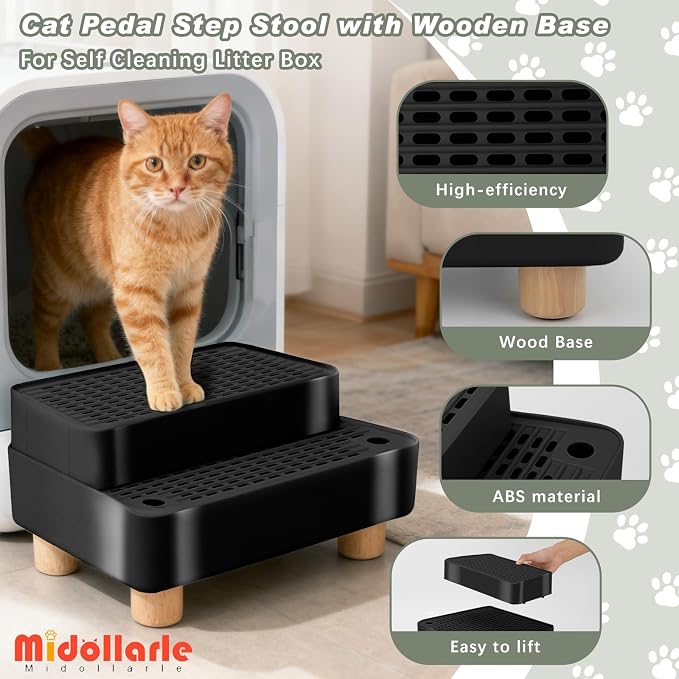 Elevated Cat Ramp for Litter Box, 2 Steps Cat Pedal Step Stool with Wooden Base, Detachable Double Layered Cats Litter Trapper, Suitable for Small&Elderly Cats, Non-Slip(Black)