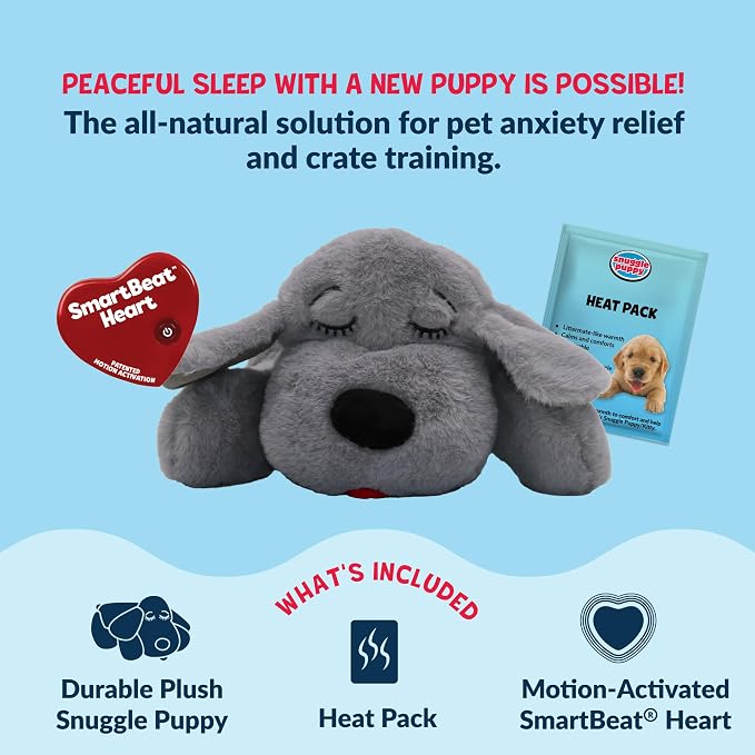 Snuggle Puppy Heartbeat Toy, Calming Comfort, Medium Breeds - Gray | Calming heartbeat toy, crate training comfort, heat pack, new puppy essentials, first nights, sleep, medium breeds 25-70 lbs