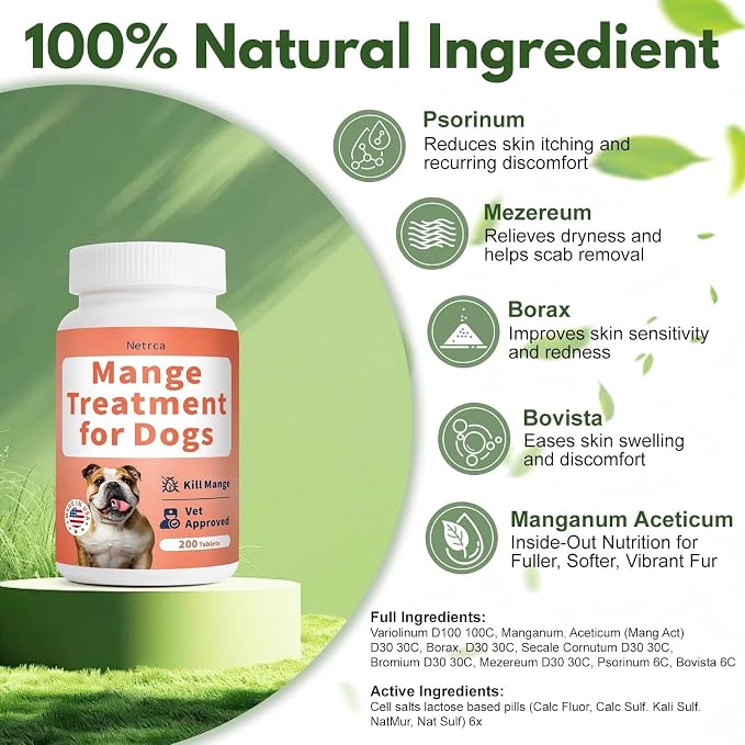 Mange Treatment Dogs, Mange Medicine for Dogs, Snooths Itching & Scratching, Promotes Hair Growth, Reduces Inflammation, Supports Skin & Coat Health, 200 Odorless Tablets