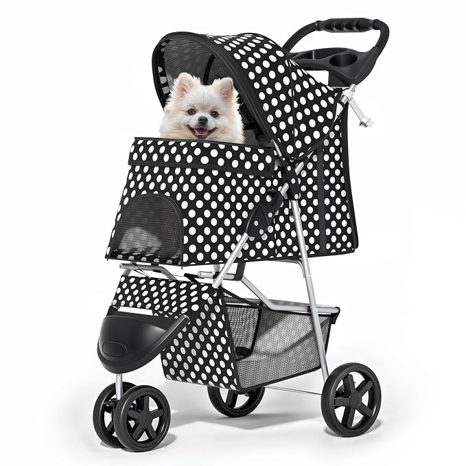MoNiBloom 3-Wheel Foldable Pet Stroller - Black Polka Dots