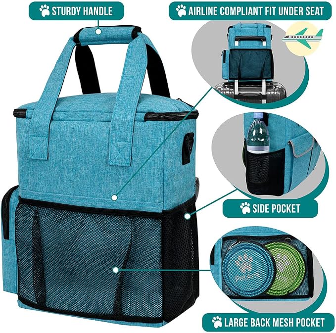 PetAmi Dog Travel Bag Organizer with Food Containers & Bowls, Teal Blue
