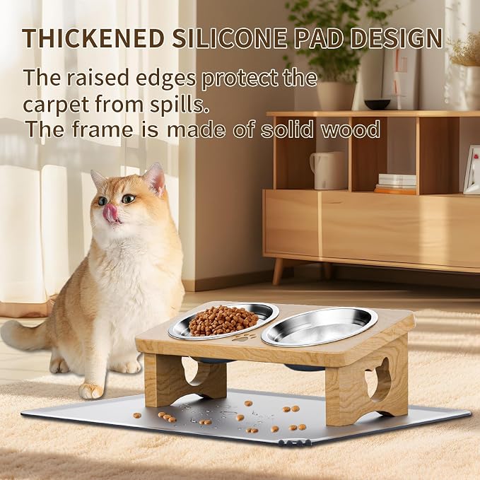 Elevated Cat Bowls, 15° Tilted Raised Cat Food Bowl with Solid Wood Stand & Stainless Steel Dishes, Cat Feeding Station with Silicone Mat, Helps Reduce Vomiting for Cats & Small Dogs(Natural)