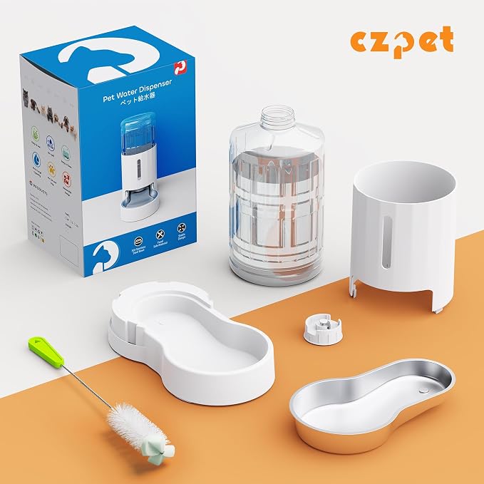 CZPET Dog Water Bowl Dispenser 7L, Wider Mouth & Upgraded Brush for Easy Cleaning Automatic Cat Gravity Refilling Waterer with Removable Stainless Steel Bowl, Large Drinking Area for Multi-Pet (White)