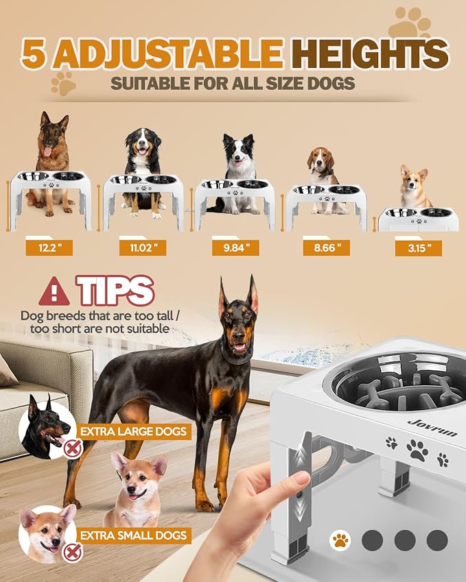 Jovrun Elevated Dog Bowls for Small Medium Large Size Dogs, Non-Slip Dog Feeder with 2 Food Water Bowls, 2-5 Heights Adjustable Raised Bowls Stand