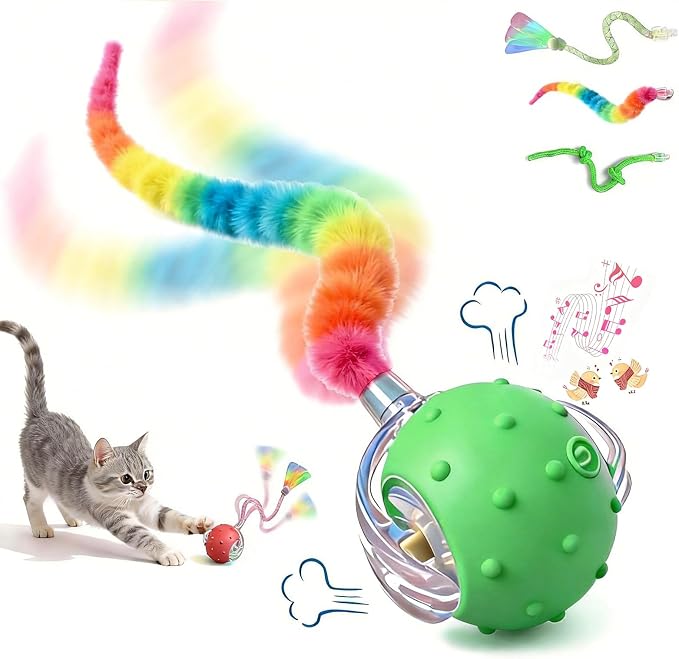 Automatic Chirping Cat Ball, 3 Interchangeable Tails for Indoor Cats, Green | Self-moving interactive cat toy, entertains bored kittens, automatic self-play enrichment for indoor cats