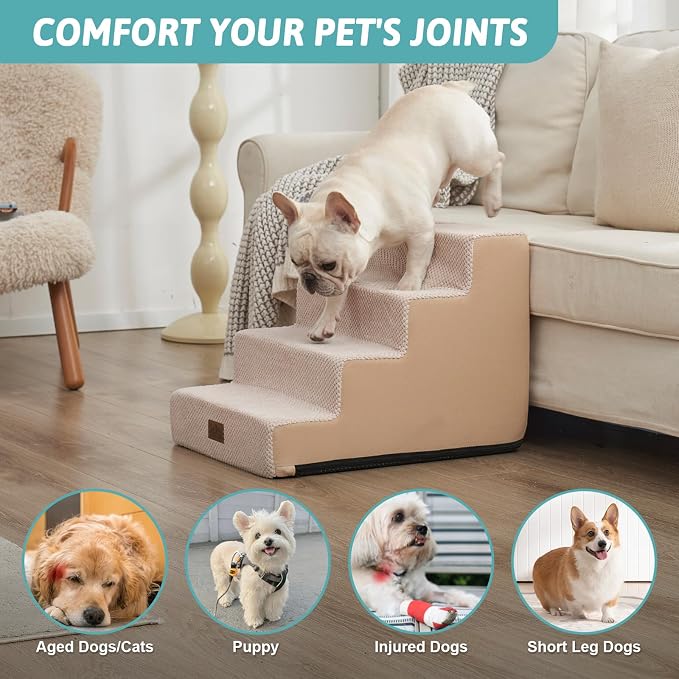 COZY KISS Dog Stairs for Small Dogs, 4 Step Pet Stairs for Beds & Couches | 17.7" Wider H Non-Slip Dog Steps for Bed, Ideal for Puppies, Senior Cats, and Small to Medium Dogs, 17.7x23.6x17.7 in, Beige