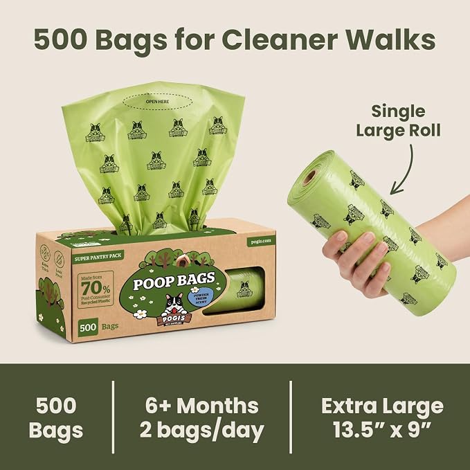 Pogi's Poop Bags – Large, Leak-Proof Dog Waste Bags for Yard or Home Use, Fresh Scent (Single Roll, 500-Count)