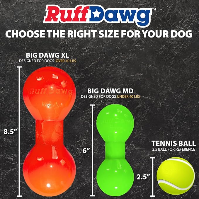 Ruff Dawg Big Dawg Barbell XL Yellow – Heavy-Duty Solid Rubber Dog Chew Toy for Medium to Large Dogs 40 lbs & Up – Floats & Bounces – Made in USA