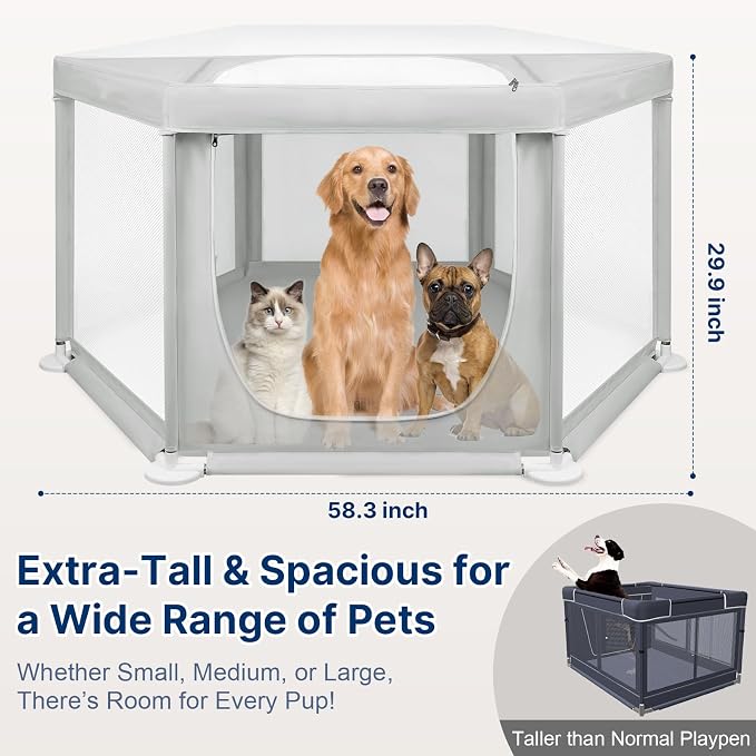 58.3"x58.3"x29.9" Large Dog Playpen Indoor, Extra Tall Puppy Playpen with Removable Roof, Sturdy Fabric Dog Pen for Medium to Large Pets, Spacious Hexagonal Pet Playpen Indoor for Comfort & Security