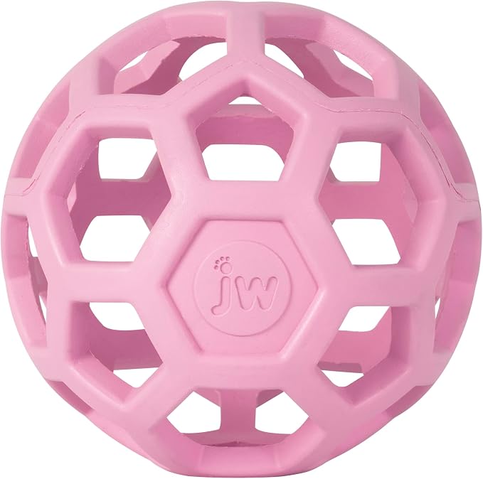 JW Pet HOL-ee Roller Dog Puzzle Ball, Medium 4.5in, Natural Rubber, Pink | Puzzle Ball Design Dog Toy for Interactive Play and Chasing Fun