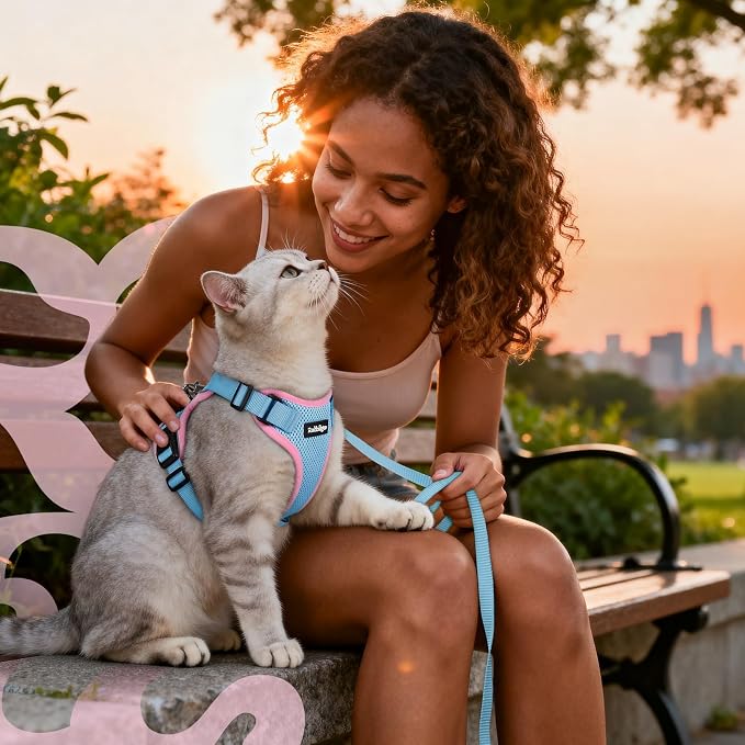 rabbitgoo Cat Harness and Leash Set, Escape Proof Vest, Light Blue & Pink | Soft Breathable Mesh, Easy Adjustable Fit, Snap Buckles, Sturdy Clip, Reflective Strips, for Medium to Large Cats Walks, M