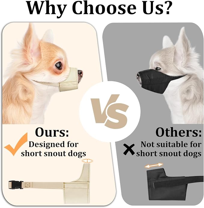 Fabric Dog Muzzle for Short Snout Small Dogs Chihuahuas Anti-Bite | Fits Shih Tzu Pomeranian Yorkshire Brachycephalic Dog, Grooming Vet Visits Walking Use, Prevent Chewing, Soft | Khaki, S+
