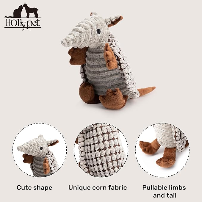 Hollypet Armadillo Squeaky Puppy Dog Toys for Small Medium Dogs, 8" | plush stuffed small dog squeak animal toy with unique grunt squeaker textured fabric for teeth cleaning toys