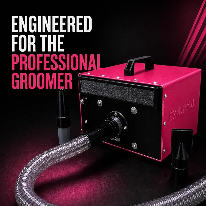 EZ-Groom EZ-Dry III High Velocity Dog Blow Dryer, Dual Motor, Pink | Variable Speed for Professional Pet Grooming, Lightweight, Quiet, 9ft Heat-Resistant Hose, Air Concentrator, Water Peeler