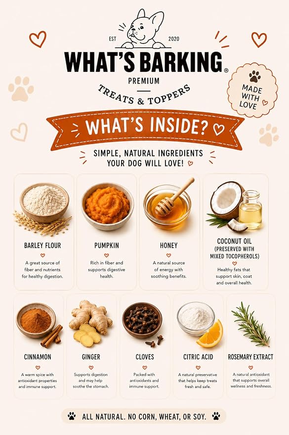 What's Barking Shakers Pumpkin Bread Dog Meal Topper, Treat Crumbles for Dog Food, Sprinkle Topper for Kibble or Wet Food, Made in USA, Resealable Bags, Pack of 3