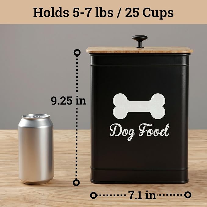 Metal Dog Food Container 5-7lb, 7lb, Iron + Bamboo Lid, Black: Bone