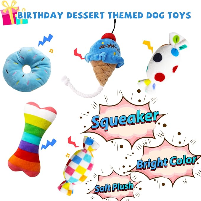 lilfrd 9Pcs Blue Dog Birthday Toy Set, Squeaky Hat Bandana Gift for Dogs | Birthday Gift Pack, Soft Plush, Small Medium Puppy Friendly