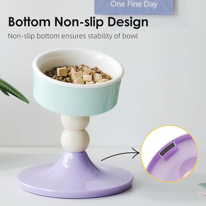 Ceramic Elevated Raised Cat Bowls,3 Heights Adjustable Raised Dog Bowl Stand for Indoor Cats and Small Dogs,15° Tilted Cat Food Feeding Dishes，Adjusts to 4.69", 5.98", 7.28" (Pink & White)