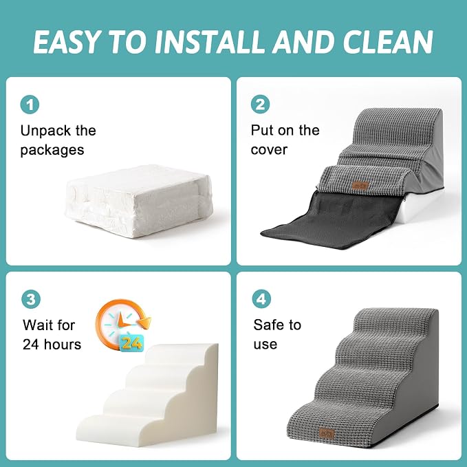 COZY KISS Dog Stairs for Small Dogs 19.7" H, Curved Dog Step for Puppy, Older or Cat, Medium Pet Ramp for Sofa, Couch or Bed, Ladder with High Density Foam, 4 Step, 15.7x28.3x19.7 inch, Dark Grey
