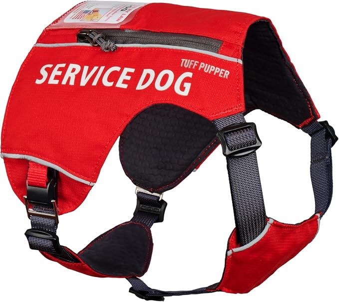 Tuff Pupper Service Dog Vest with ID Pocket | No Leash Attachment | Quick-Release Magnetic Buckles | Reflective Trim | Adjustable Fit | Comfortable & Durable | Designed for Small Dogs (Red, Large)