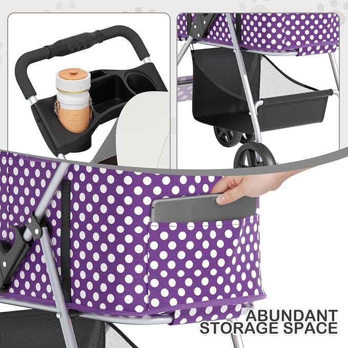 MoNiBloom 3-in-1 Foldable Pet Stroller - Purple Polka Dots, up to 33lbs