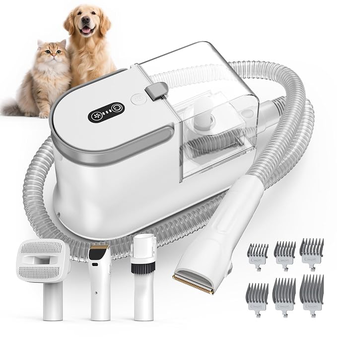 Dog Grooming Vacuum, Dog Grooming Kit with Pet Clipper Nail Grinder, 3 Suction Modes Dog Brush Vacuum with 6 Pet Grooming Tools (Cream)