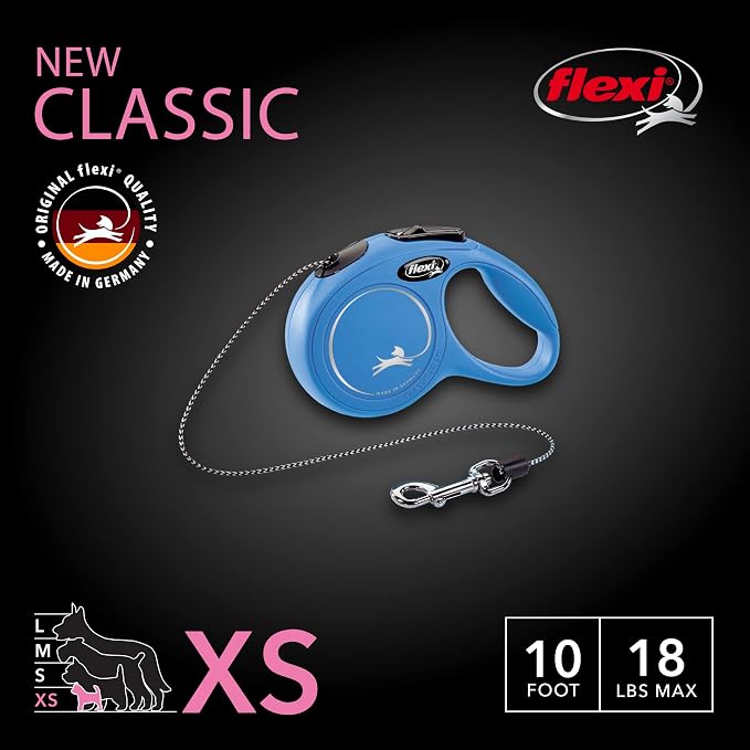 FLEXI® Classic XS Cord Retractable Dog Leash, 3-Finger Grip, 10 ft - Blue | German engineered, Pocket-Size original flexi leash, durable quality for dogs up to 18 lbs, tangle-free,reliable brake system