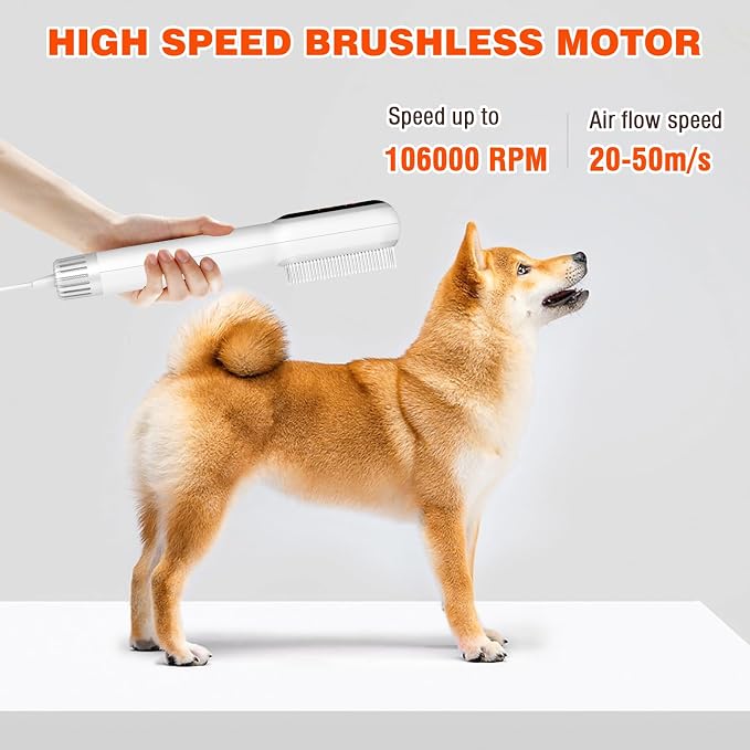2 in 1 Portable Pet Hair Dryer for Dogs, LED Screen, NTC Smart Temperature Adjustment, Less Noise, 106000 High Rotating Speed Grooming Brush for Travel Camping