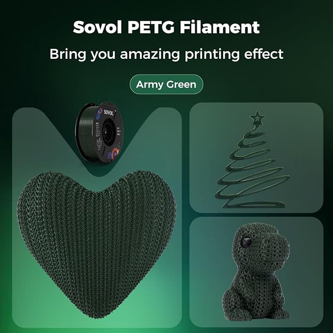 Sovol 3D Printer PETG Filament 1.75mm 1KG (2.2lbs), High Precision, Strong Toughness, Wiring Tightness, Dimensional Accuracy +/- 0.03 mm, 3D Printing PETG Filaments, Army Green