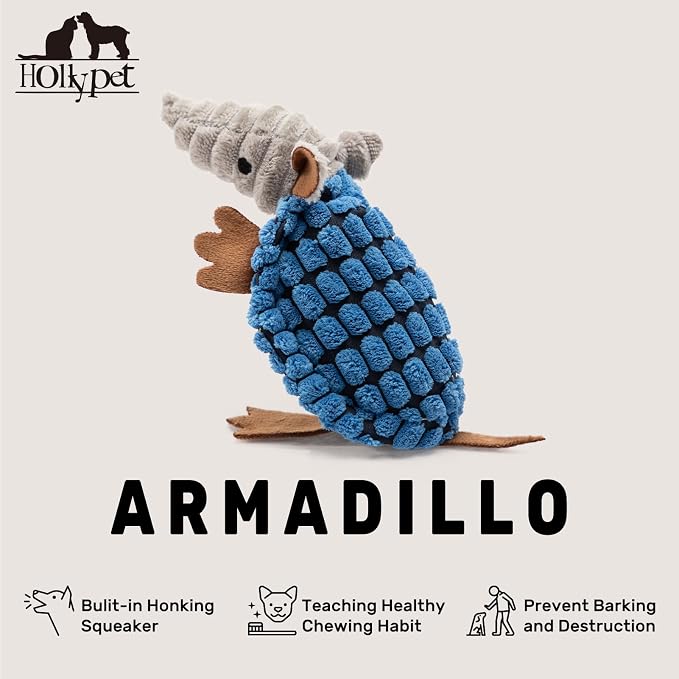 Hollypet Armadillo Squeaky Puppy Dog Toys for Small Medium Dogs, 6" | plush stuffed small dog squeak animal toy with unique grunt squeaker textured fabric for teeth cleaning toys