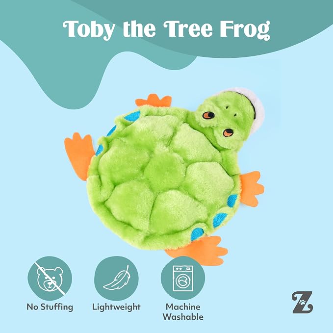 ZippyPaws Squeakie Crawler No Stuffing Dog Toy to Keep Them Busy - 11" | For Small, Medium, & Large Dogs, Squeaky Pet Toy for Boredom, Soft Plush Puppy Products, Toby the Tree Frog