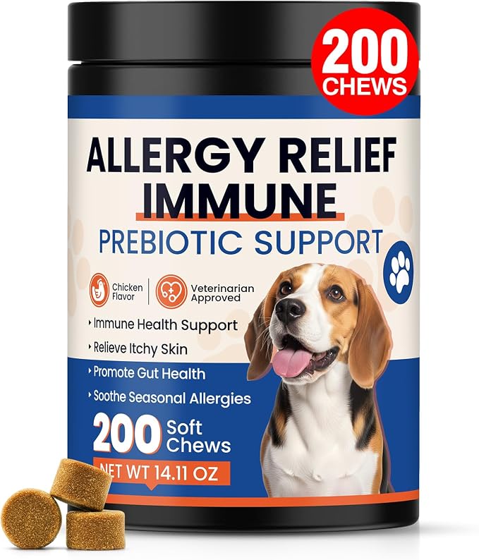 Dog Allergy Chews 200 Ct - Itch Relief for Dogs Immune Support with Colostrum Probiotics & Omega 3 - Seasonal Allergies Anti-Itch Skin & Coat Supplement, Itchy Skin & Paw Relief Bites - Chicken Flavor