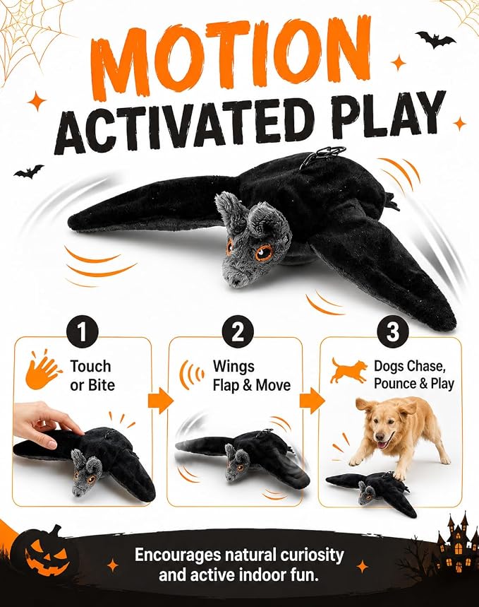 Halloween Interactive Flapping Bat Dog Toy, Motion Activated Rechargeable Plush Toy with Moving Wings for Bored Dogs, Puppies, Small & Medium Dogs (1PCS)