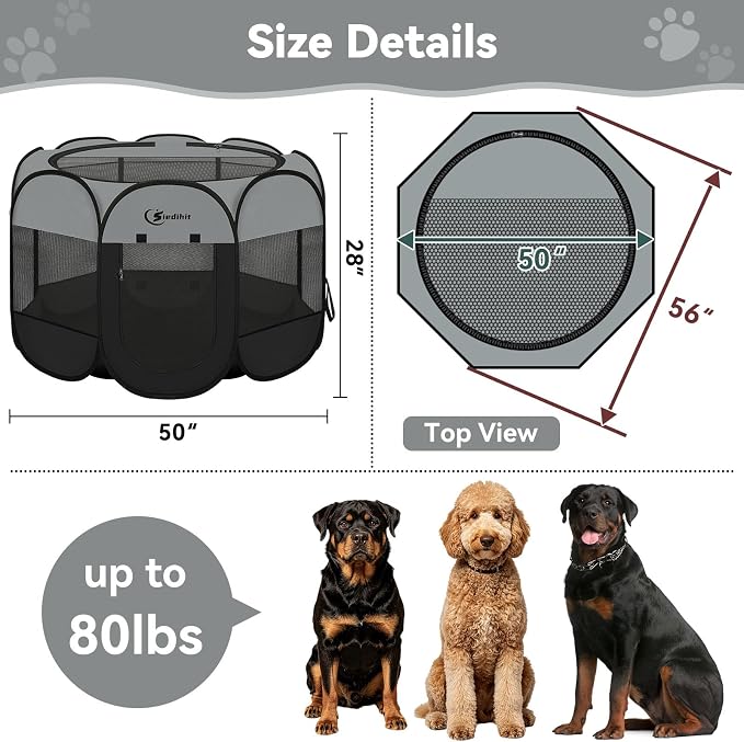 Siedihit Playpen for Extra Large Dog Cat, Dogs Tent Crate Cage Indoor/Outdoor, Portable Pop Up Dog Kennel with Carrying Bag for Rabbits, Removable Top (Dark Grey, Extra Large)