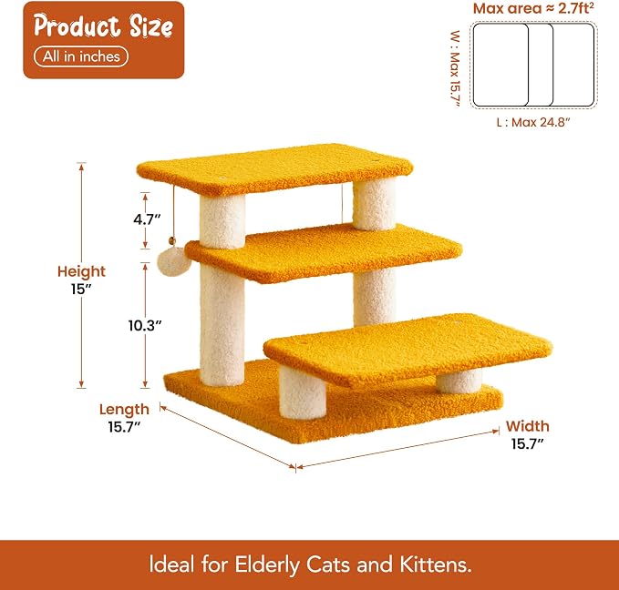 15''H Multi-Step Pet Stairs for High Beds & Sofas, 3-Step Cat Stairs with 2 Toy Balls, Wide Boards for Indoor Kittens Dogs Pets Climbing, Yellow