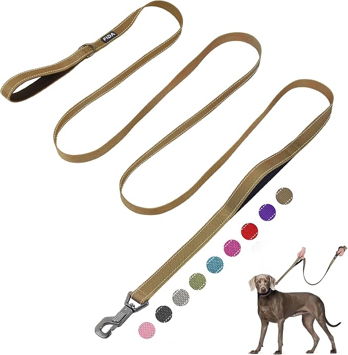 Fida 10ft Heavy Duty Dog Leash with 2 Comfortable Padded Handles, Traffic Handle & Advanced Easy Snap Hook, Reflective Walking Lead for Large, Medium & Small Breed Dogs, Brown