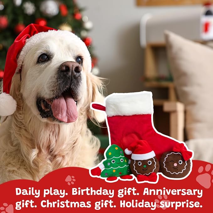 Hollypet Christmas Squeaky Hide and Seek Dog Toys for Small and Medium | Interactive Plush Stuffed Dog Squeak Toys for Small Medium Sized Dogs and Non-Aggressive Chewers, Puppy Teeth Clean Chew Toys