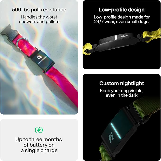 Fi Series 3+ GPS + Health Dog Collar, Pink, Medium, 12-Month Membership | Smart GPS dog collar with live tracking, health & behavior, Escape Alerts, LED light. Waterproof and Apple Watch compatible.