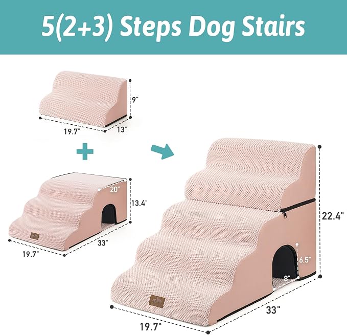 COZY KISS Small Dog Stairs with Tunnel, 5 Step Pet Ramp for High Bed | Curved Stable Dog Step for Puppy, Older Cat, Senior, Medium, Short-Legged Dog, Non-Slip Ladder for Car, 22.4" H, Pink