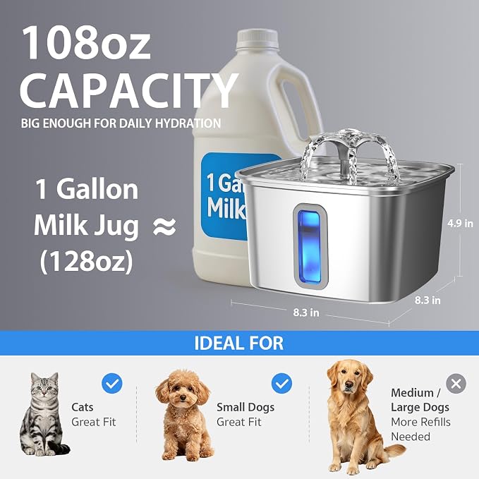 Veken Innovation Award Winner Stainless Steel Cat Water Fountain, 108oz/3.2L Automatic Pet Fountain Dog Water Dispenser with 3 Replacement Filters & Silicone Mat, Gifts for Cats, Dogs (Silver)