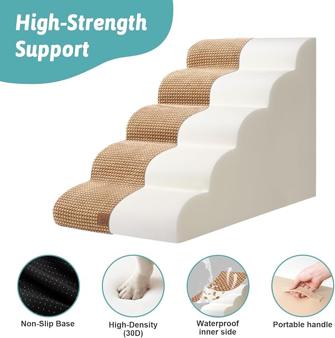 COZY KISS Extra Wide Dog Stair for Small Dog, 5 Step Pet Ramp for Bed | Curved Stable Dog Step for Puppy, Older Cat, Senior, Medium, Short-Legged Dog, Non-Slip Ladder for High Bed, Light Brown