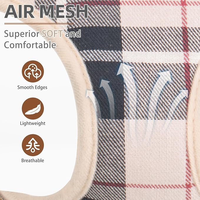 PUPTECK Dog Harness and Leash Set, No Pull Adjustable Pet Small Dog Harness, Reflective Soft Mesh Pet Vest, for Small Medium Dogs Walking, Beige Plaid, XS