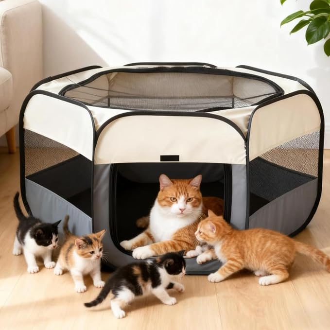 Dog Playpen Foldable, 28.7 in, 73 cm Portable Pet Playpen, Instant Pop Up Beige Pen with Breathable Mesh, Easy Clean Polyester Fabric for Small to Medium Dogs