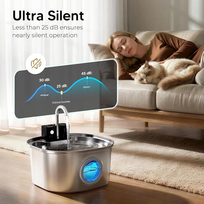 Voluas Stainless Steel Cat Water Fountain: 108oz/3.2L Wireless Cat Fountain Battery Operated for Drinking Indoor, Automatic Pet Water Dispenser Bowl with Ultra Quiet Pump, Easy Clean BPA-Free, 1Filter