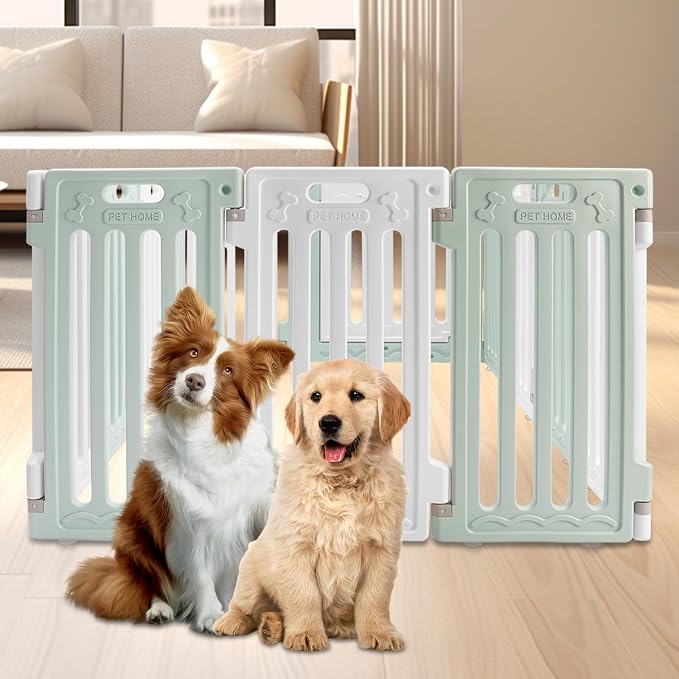 13pcs Dog Playpen w/Door Plastic Puppy Playpen Pet Exercise Pen Indoor Outdoor Fence Configurable Panels Secure Pet Gate for Small to Medium Pets (Green White)